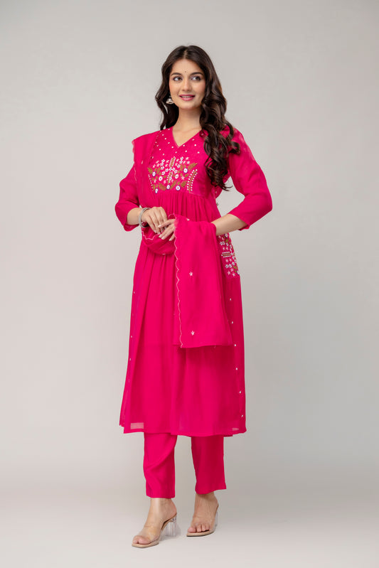 Rani Pink Embroidered Kurta Set with Dupatta