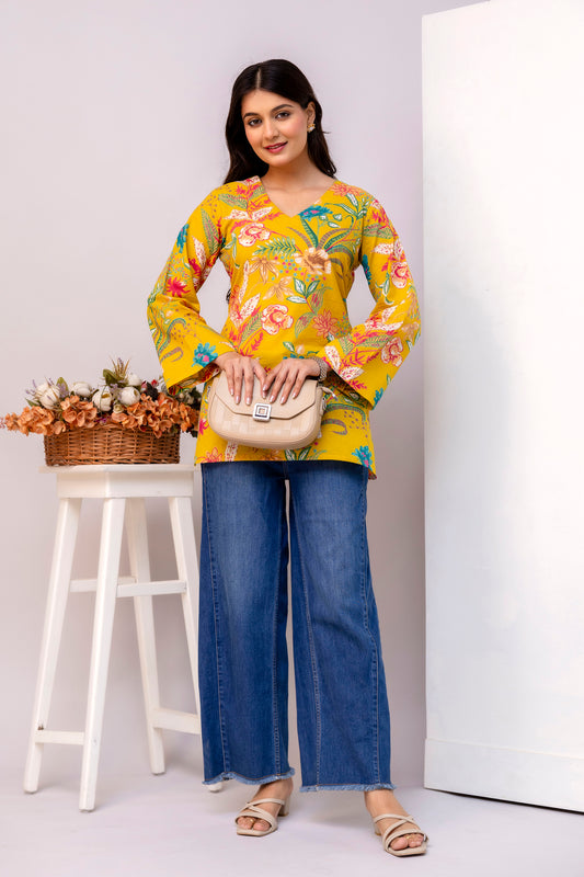 Mustard Floral Printed V-Neck Kurta