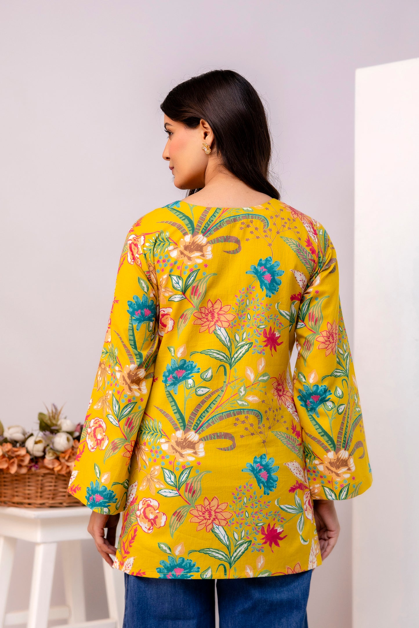 Mustard Floral Printed V-Neck Kurta