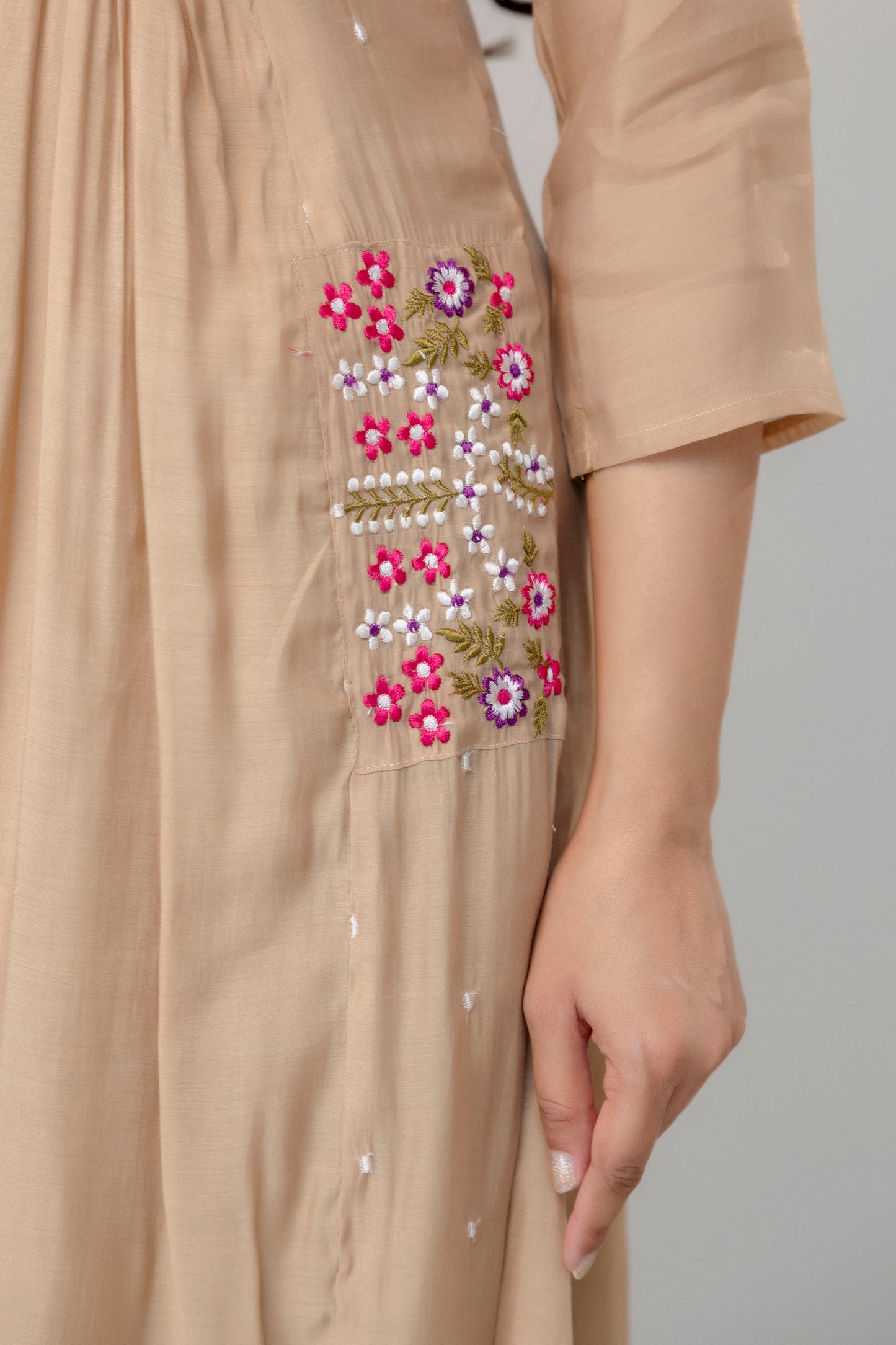 Beige Embroidered Kurta Set with Dupatta