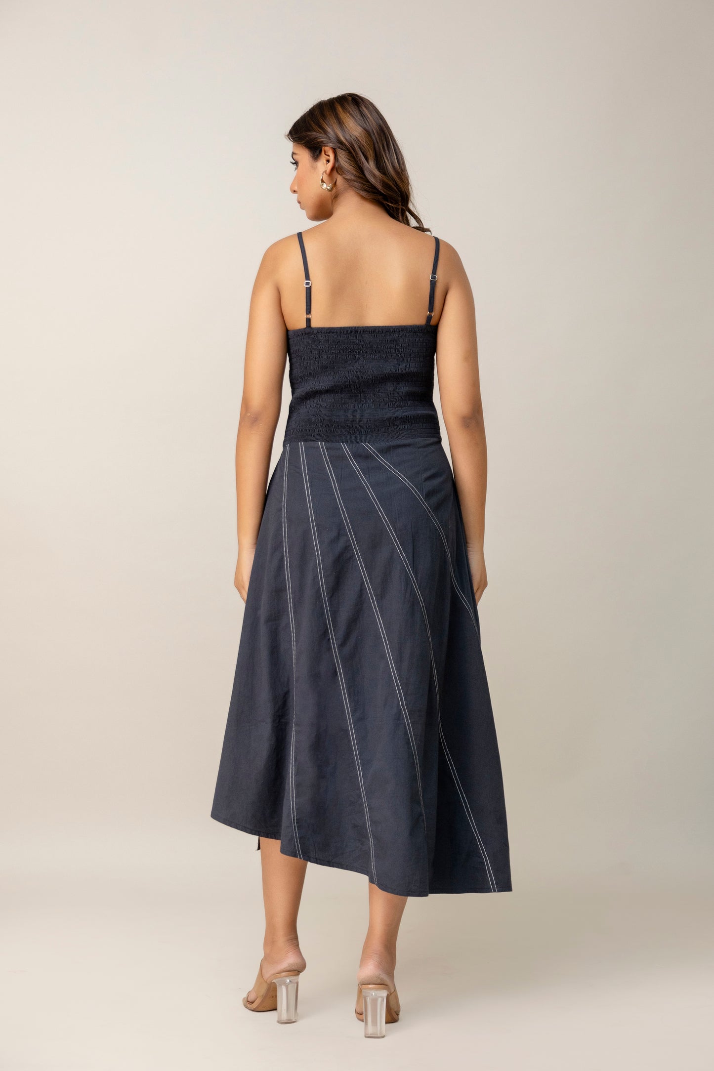 Charcoal Corset Midi Dress with Contrast Stitching