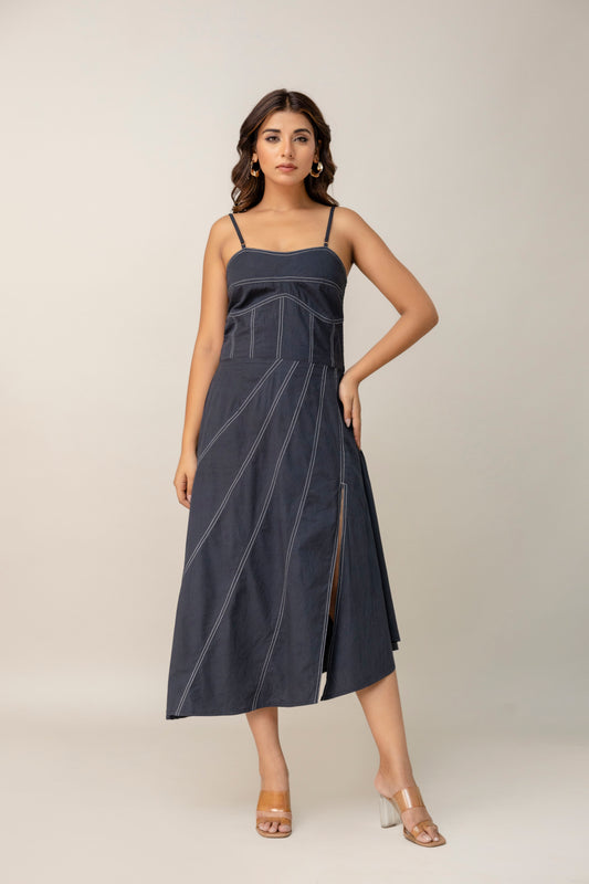 Charcoal Corset Midi Dress with Contrast Stitching