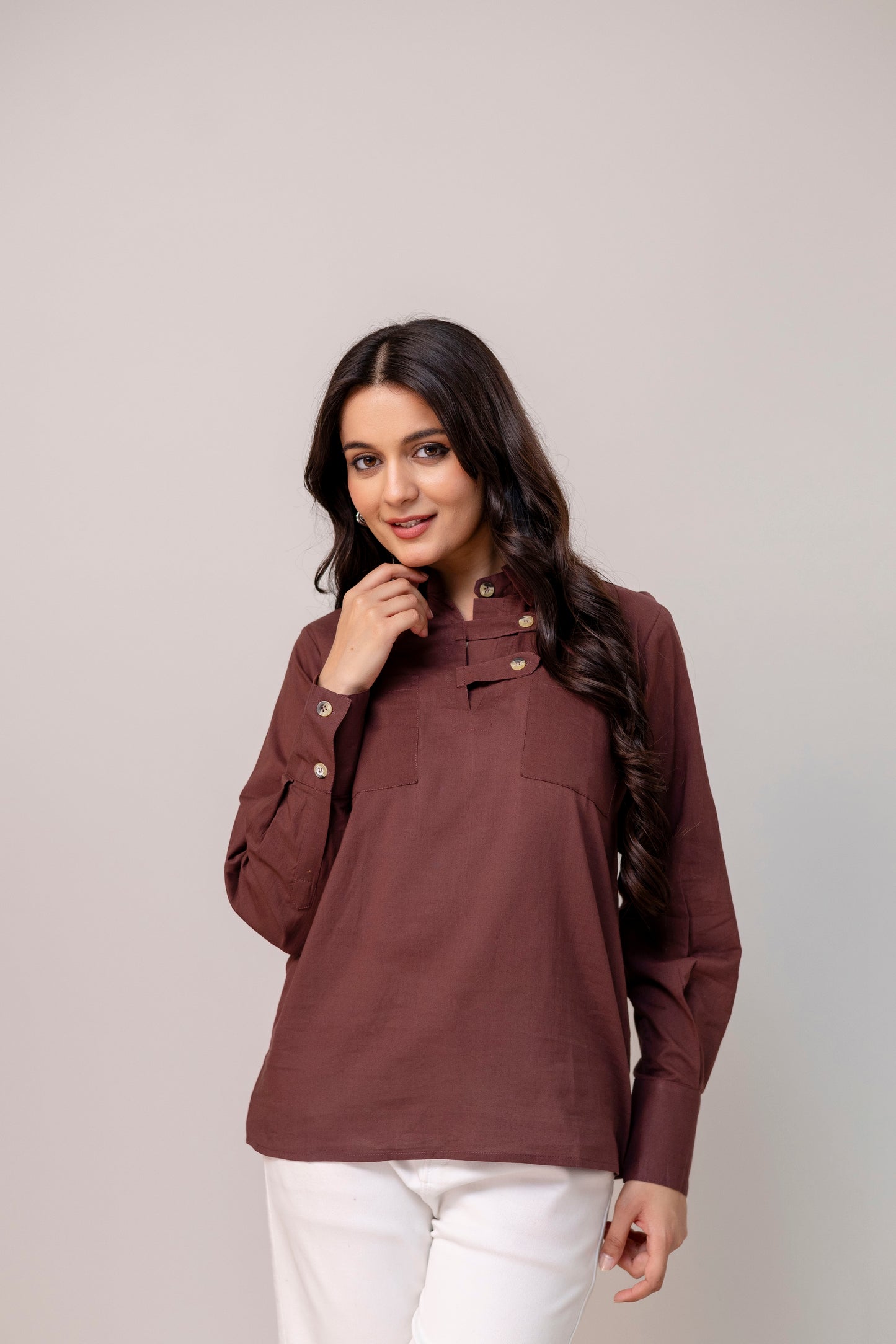 Rust Brown Button Detail Top