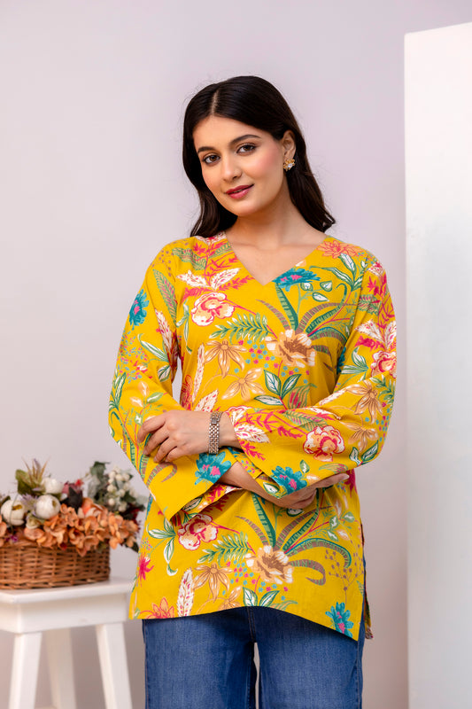 Mustard Floral Printed V-Neck Kurta