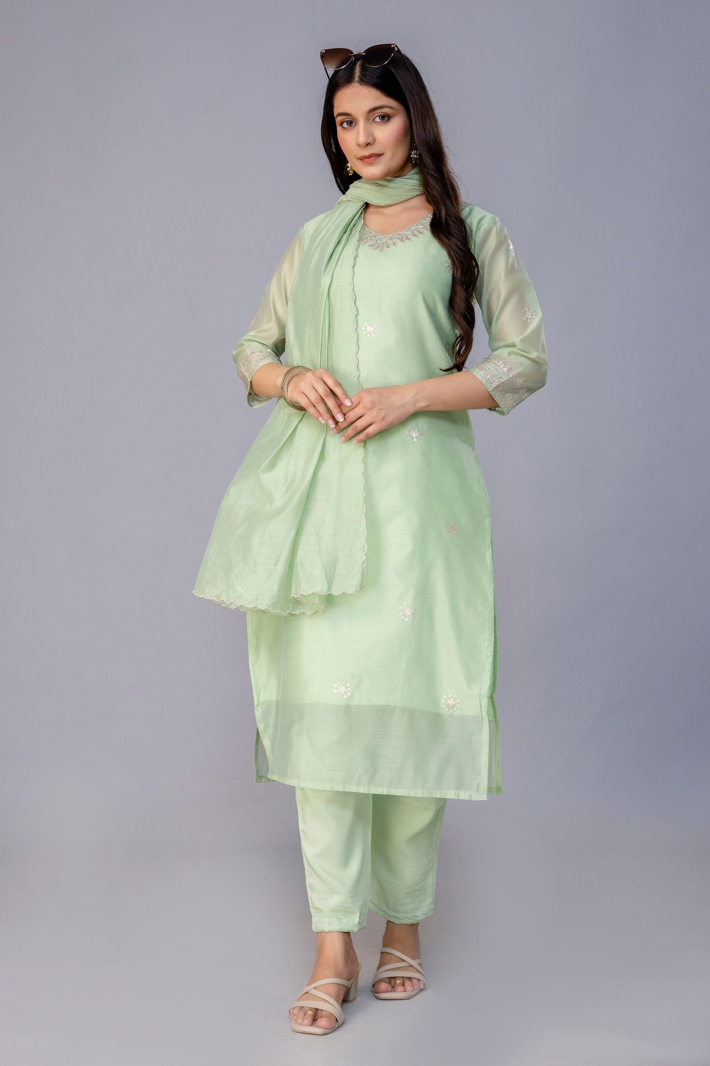 PISTACHIO GREEN CHANDERI SUIT SET
