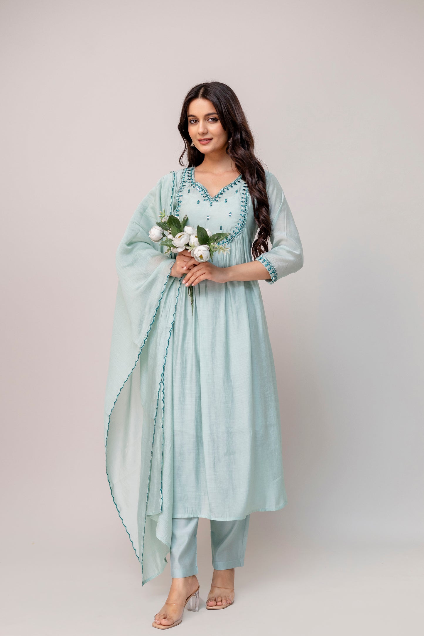 Powder Blue Embroidered Kurta Set with Dupatta