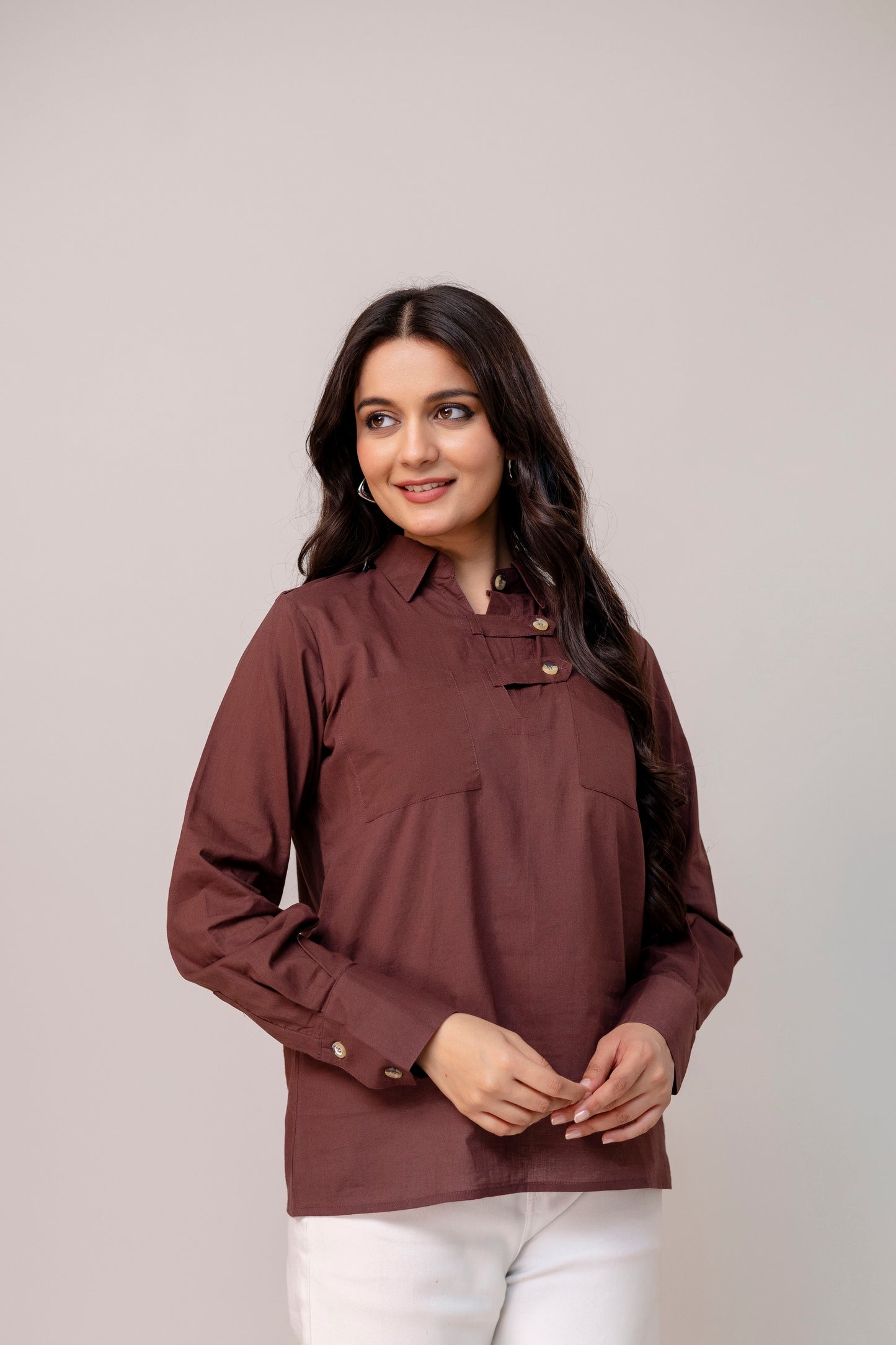 Rust Brown Button Detail Top