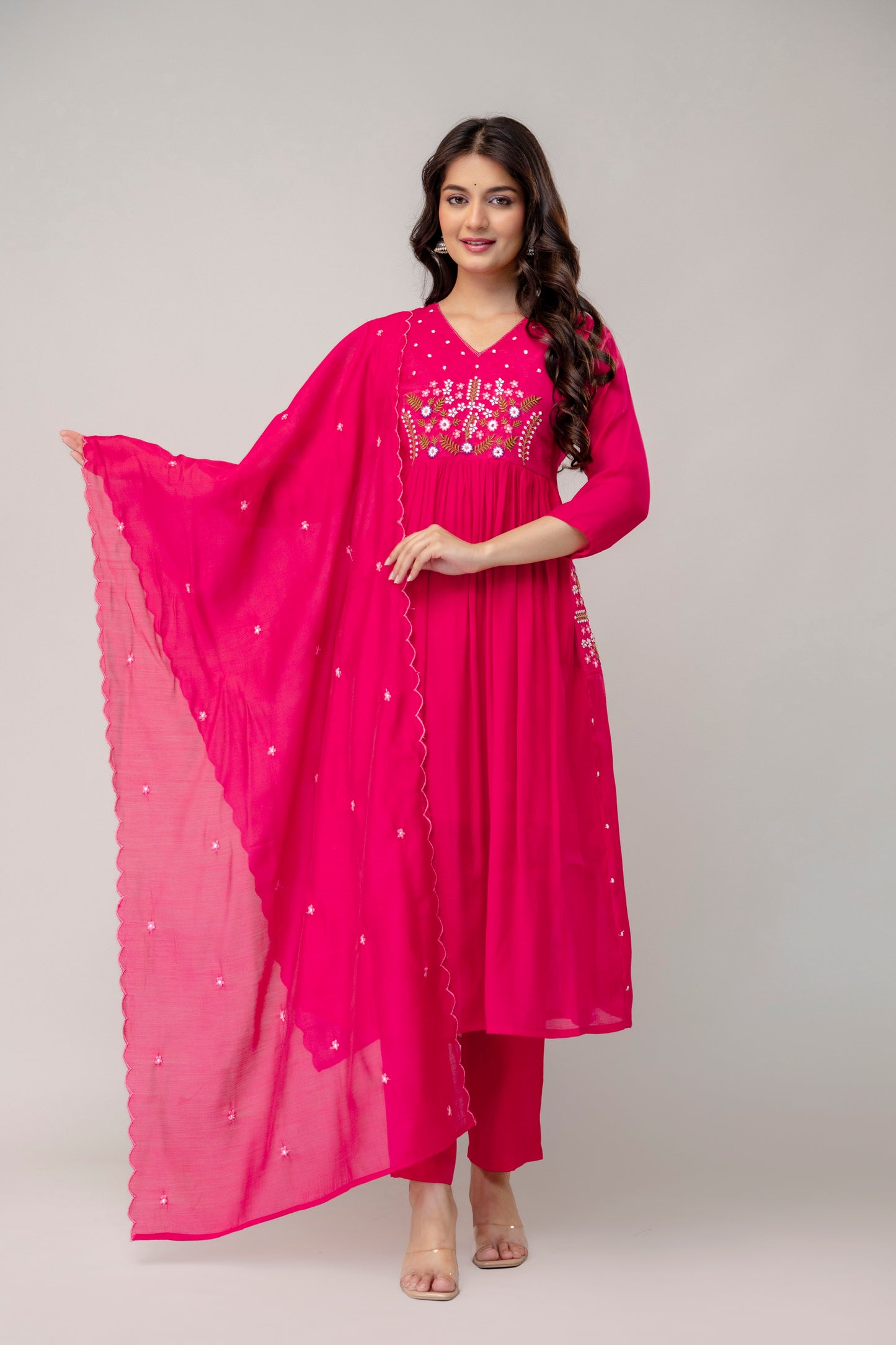 Rani Pink Embroidered Kurta Set with Dupatta