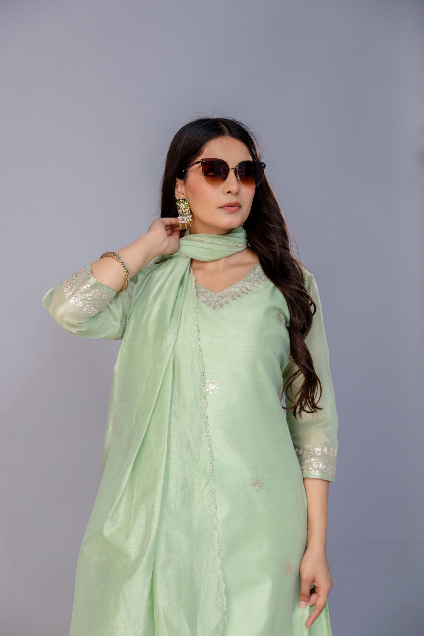 PISTACHIO GREEN CHANDERI SUIT SET