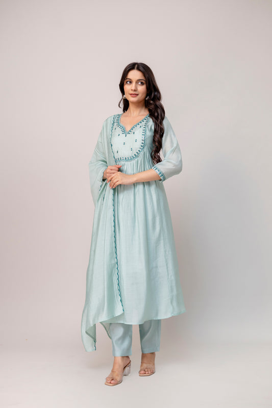 Powder Blue Embroidered Kurta Set with Dupatta