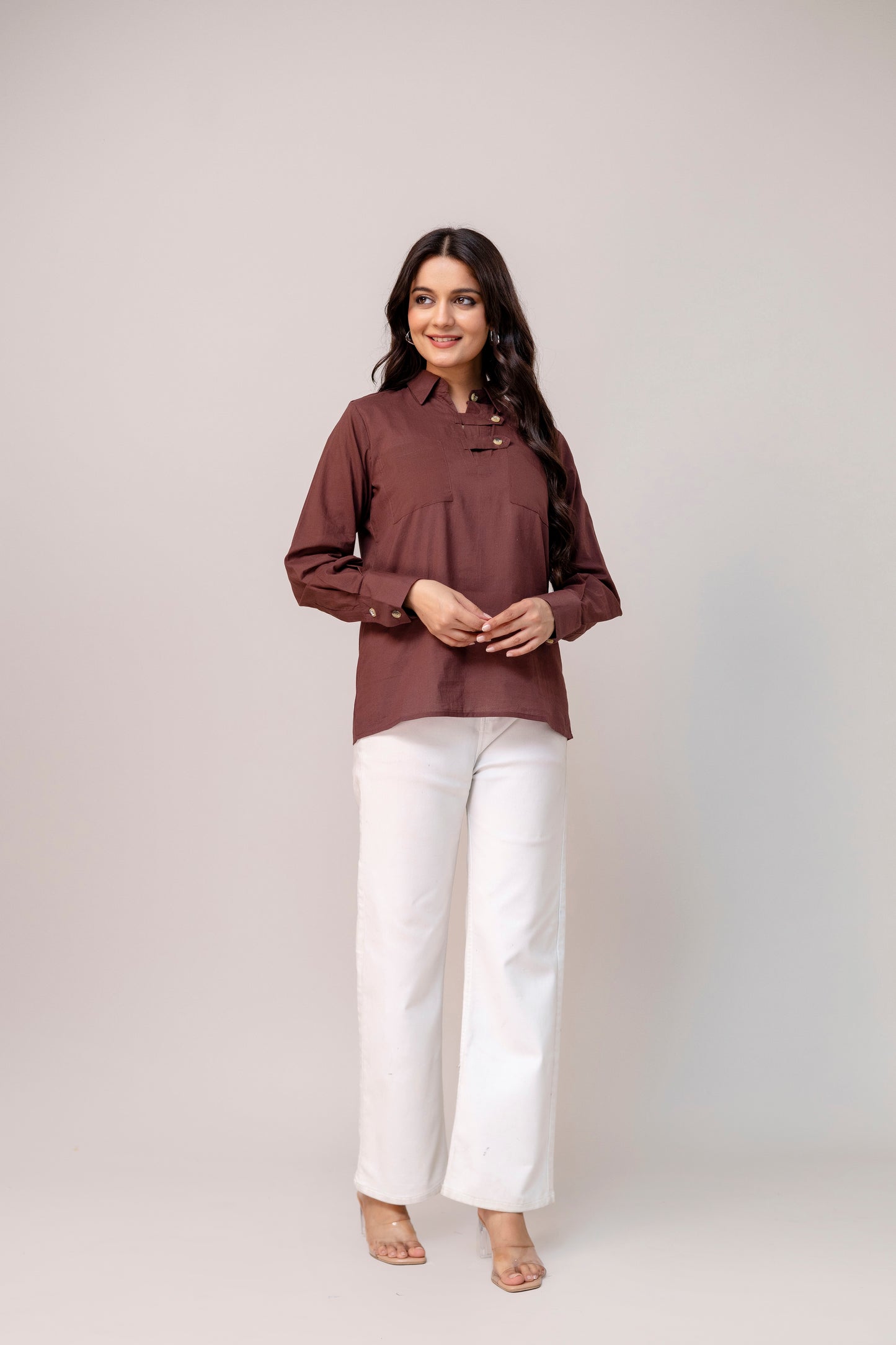 Rust Brown Button Detail Top