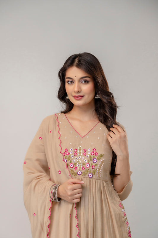 Beige Embroidered Kurta Set with Dupatta