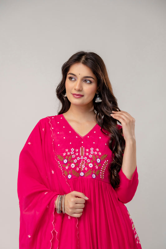 Rani Pink Embroidered Kurta Set with Dupatta