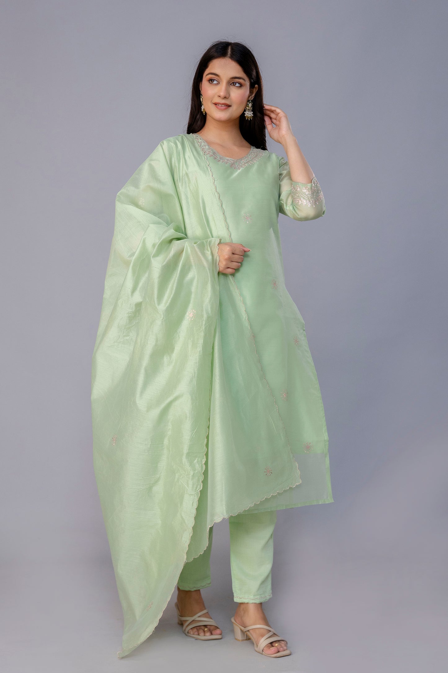 PISTACHIO GREEN CHANDERI SUIT SET