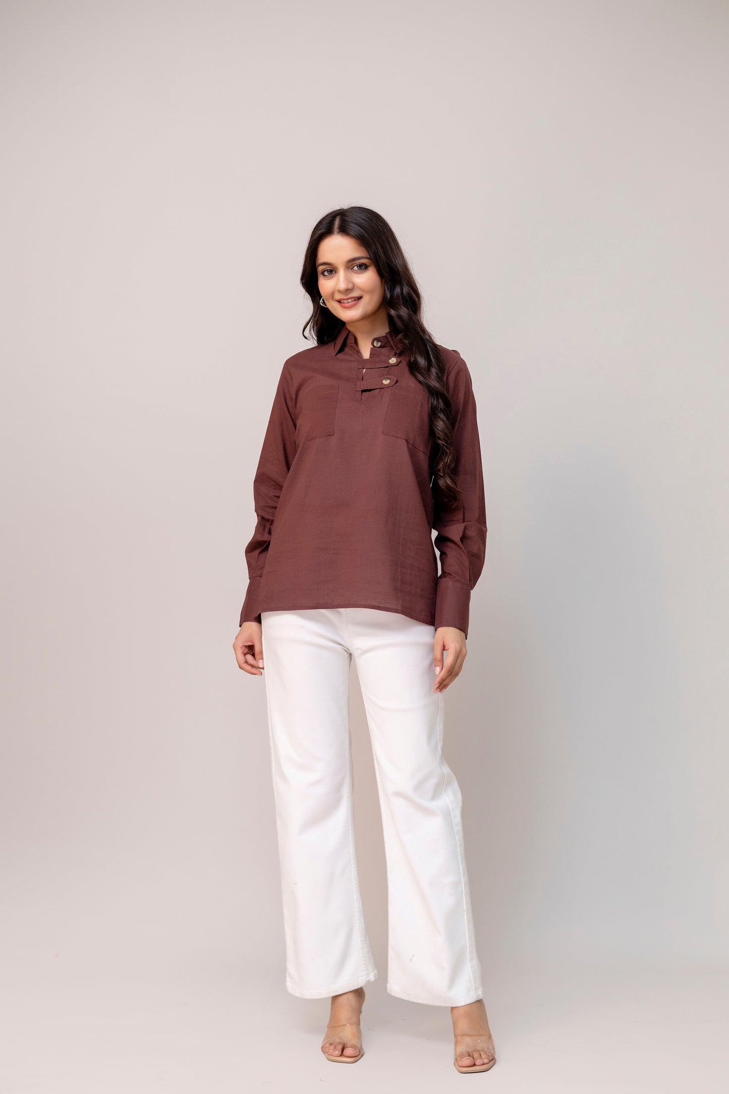 Rust Brown Button Detail Top
