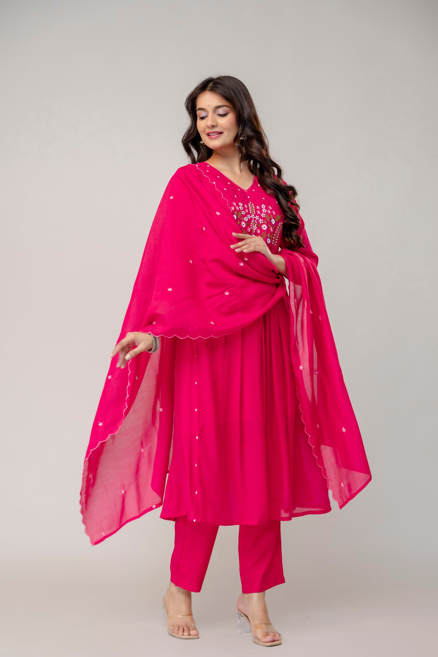 Rani Pink Embroidered Kurta Set with Dupatta