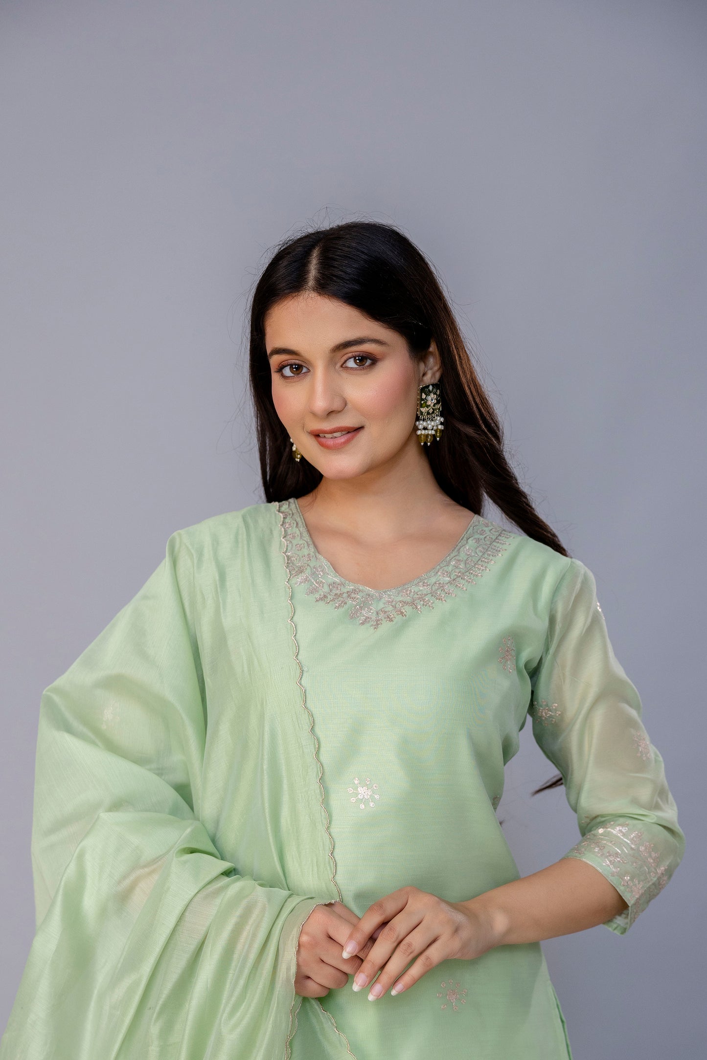 PISTACHIO GREEN CHANDERI SUIT SET