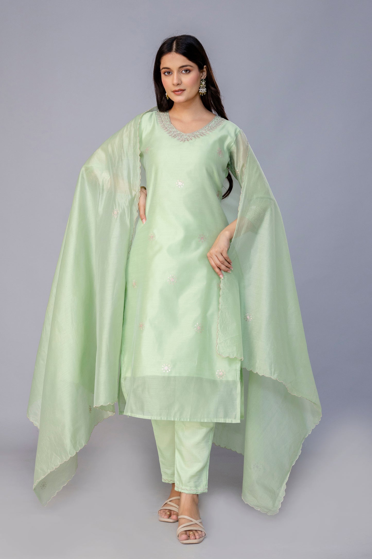 PISTACHIO GREEN CHANDERI SUIT SET
