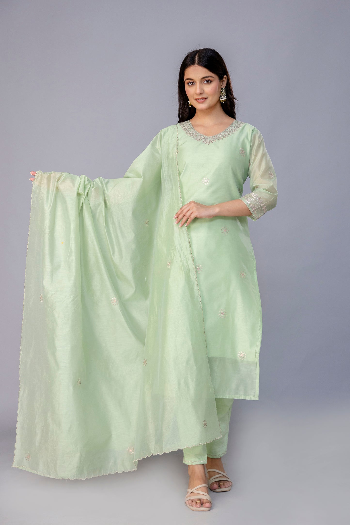 PISTACHIO GREEN CHANDERI SUIT SET