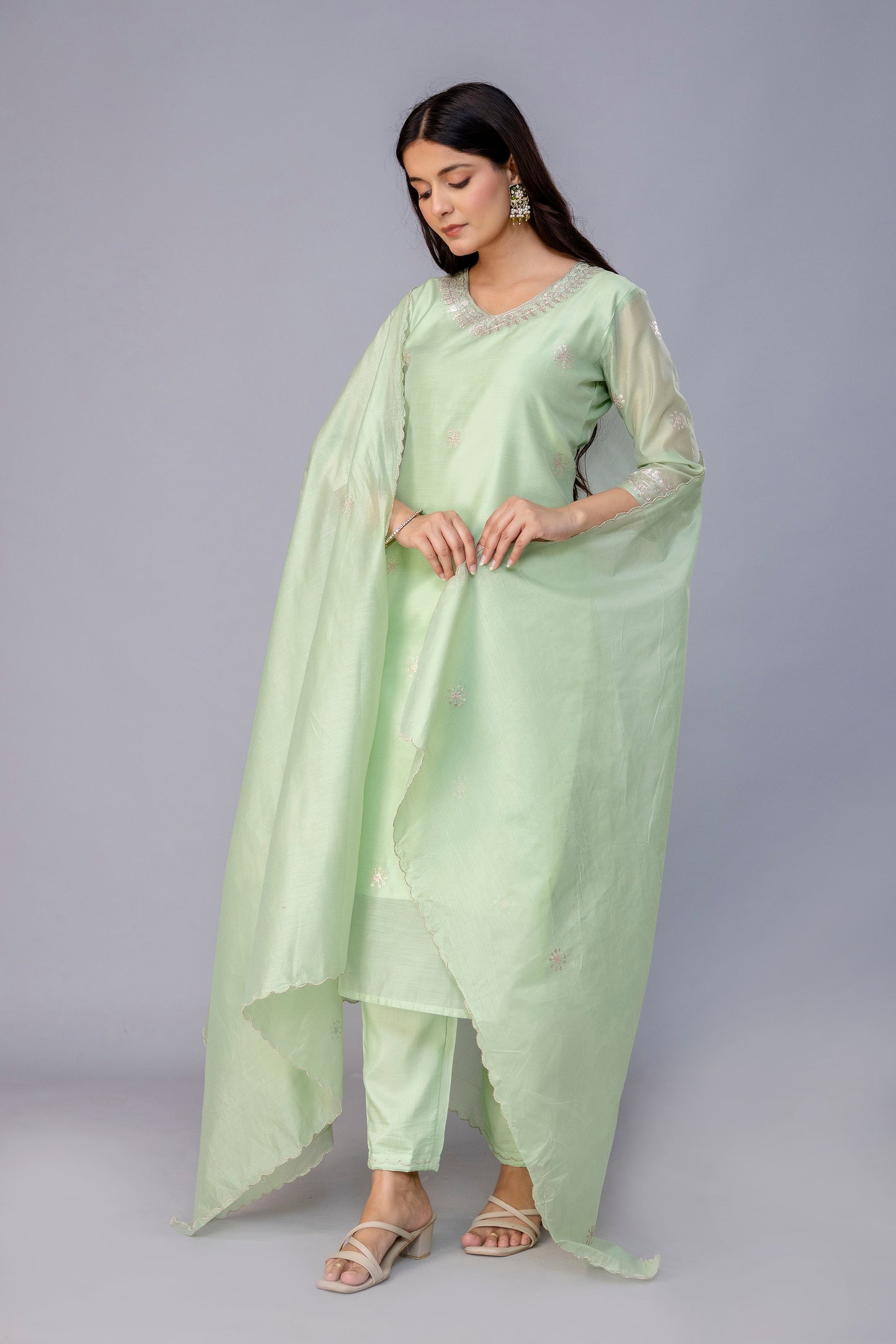 PISTACHIO GREEN CHANDERI SUIT SET