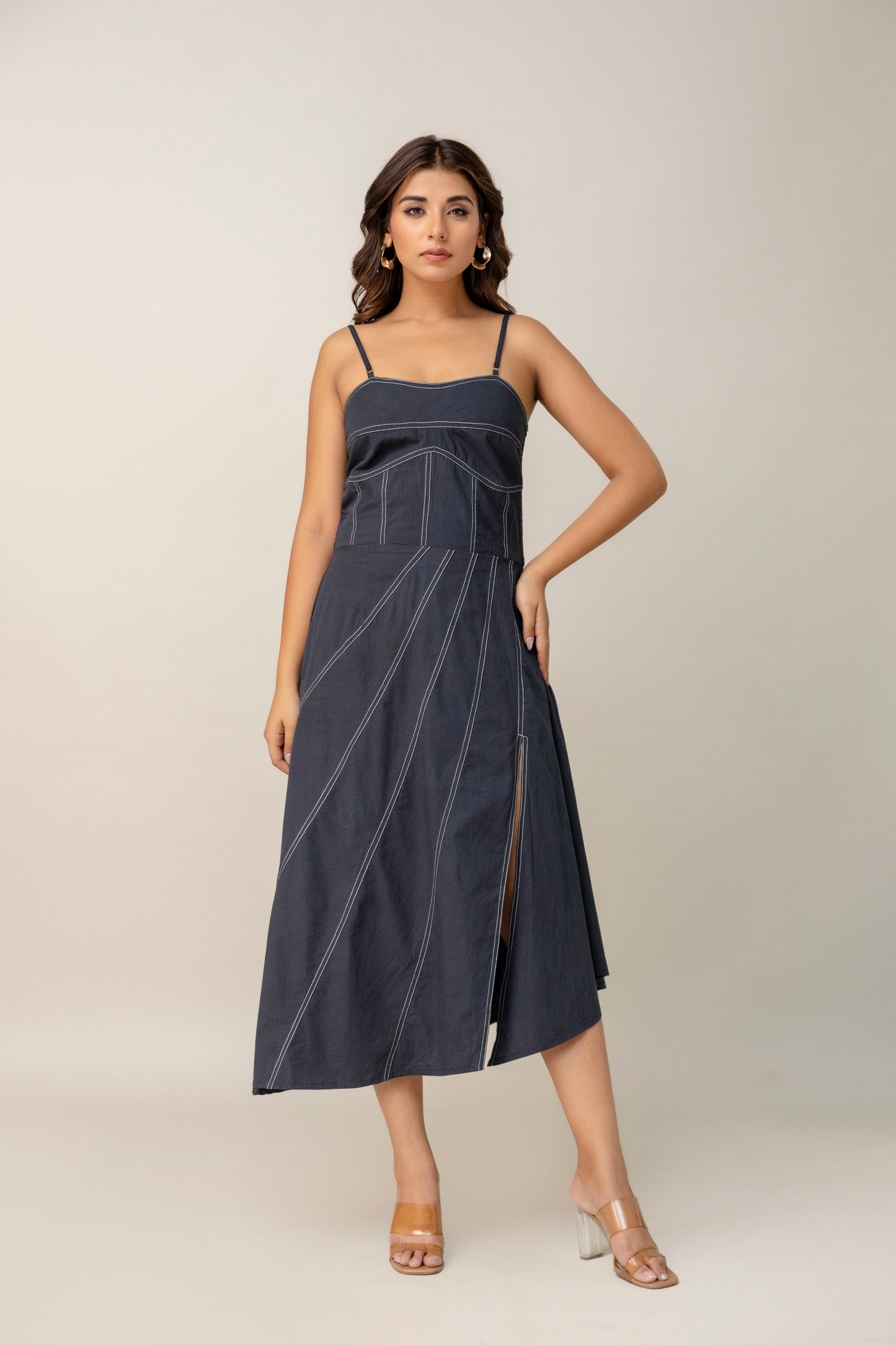 Charcoal Corset Midi Dress with Contrast Stitching