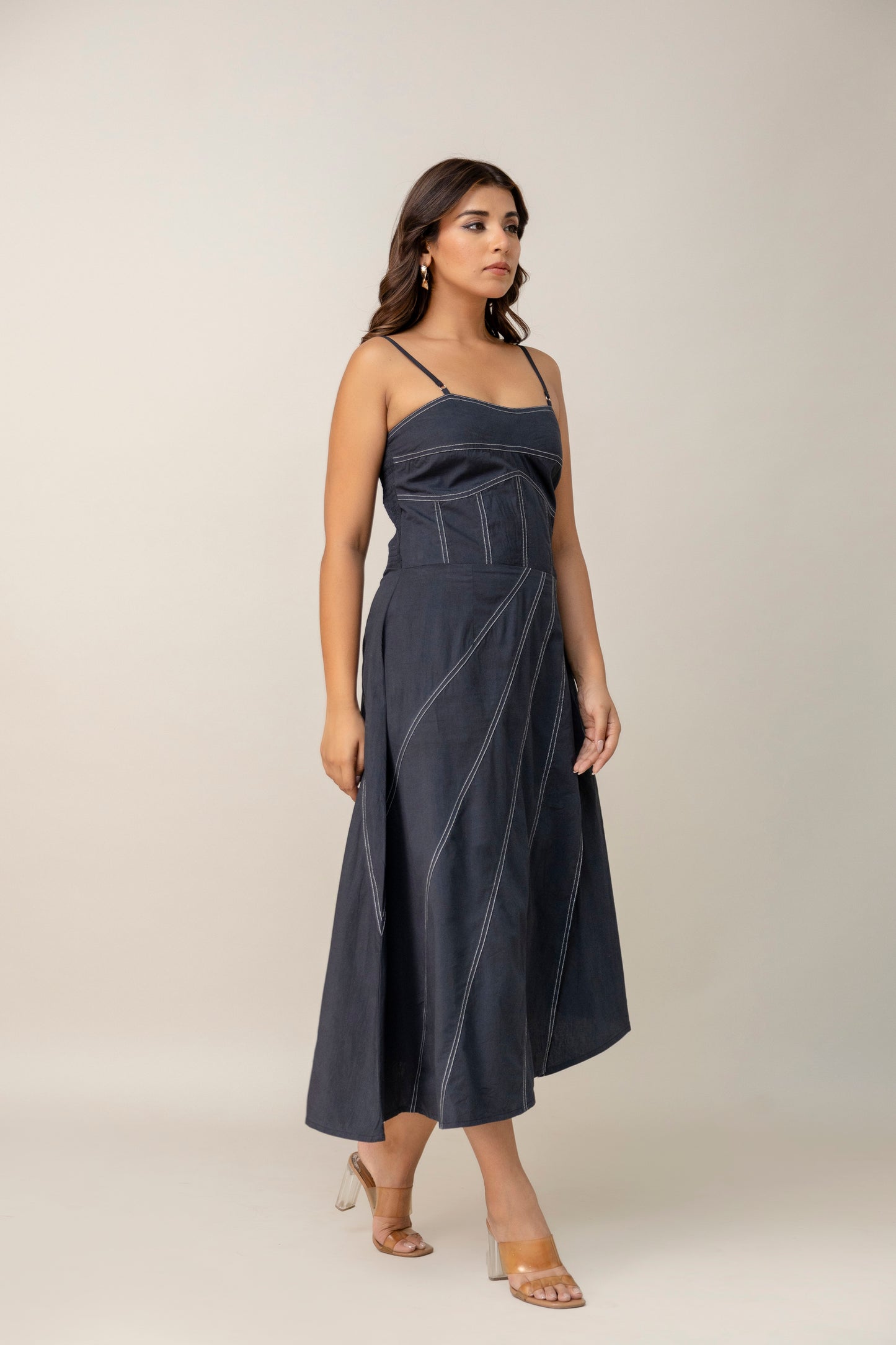 Charcoal Corset Midi Dress with Contrast Stitching