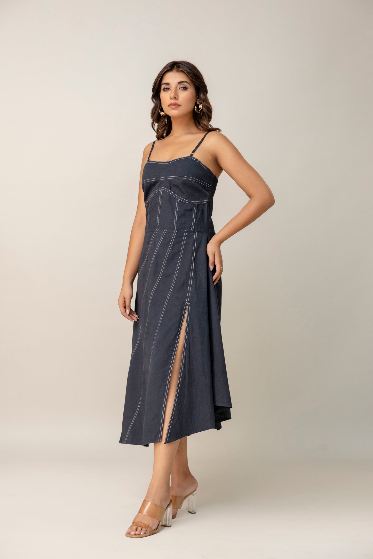 Charcoal Corset Midi Dress with Contrast Stitching