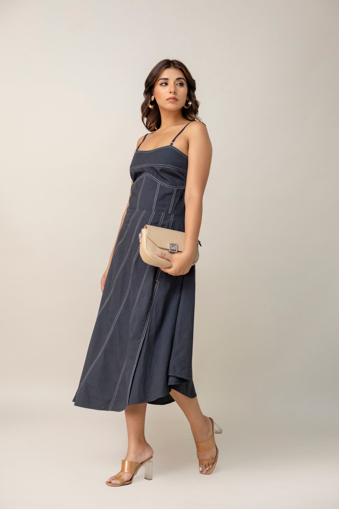 Charcoal Corset Midi Dress with Contrast Stitching