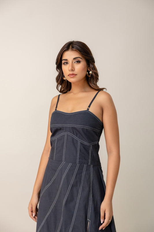 Charcoal Corset Midi Dress with Contrast Stitching